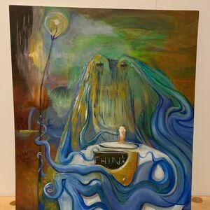 Abstract 16x20 Oil on Canvas-Thoughtful 'Think' Motif-Canadian Artist-Original